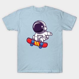 Cute Astronaut Playing Skateboard Cartoon T-Shirt